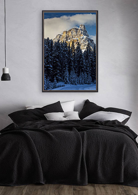 Snow covered rugged mountain and evergreen trees, snow covered road, with blue sky and clouds; Banff, Alberta, Canada by PacificStock