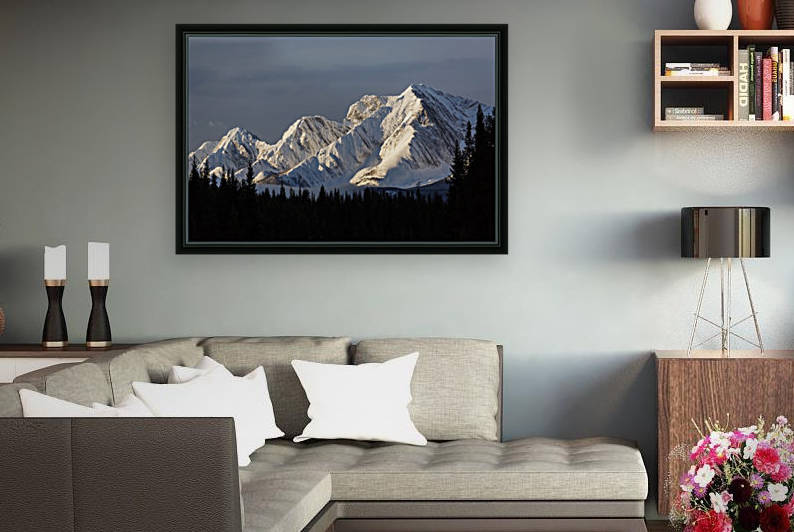 Snow covered mountains with early morning light, silhouetted forest in the foreground, blue sky and clouds; Kananaskis Country, Alberta, Canada by PacificStock