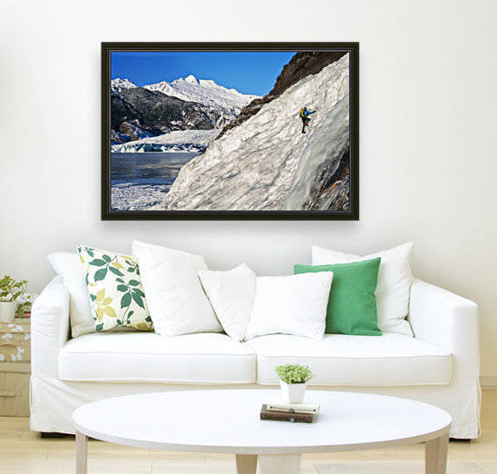 Female Ice Climber Climbs The Frozen Nugget Falls With Mendenhall Glacier In The Background, Juneau, Southeast Alaska, Winter by PacificStock