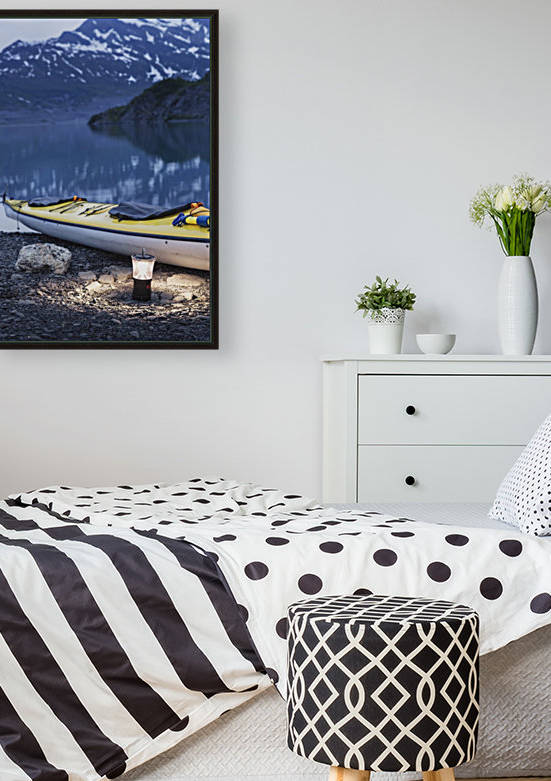 Kayak and lantern on the beach with mountains in the back ground at dusk, Shoup Bay State Marine Park, Prince William Sound, Valdez, Southcentral Alaska by PacificStock