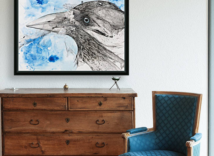 Illustration of a bird's eye and beak with mottled blue and white background by PacificStock