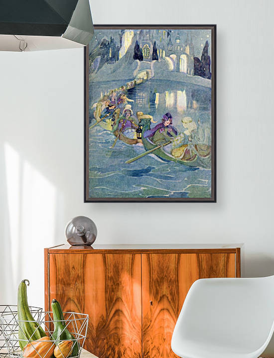 The Shoes Which Were Danced to Pieces.  Illustration from The Golden Wonder Book for Children published 1934. On the lake he saw that there were twelve little boats and in each boat were seated a handsome prince and one of the beautiful sisters. by PacificStock