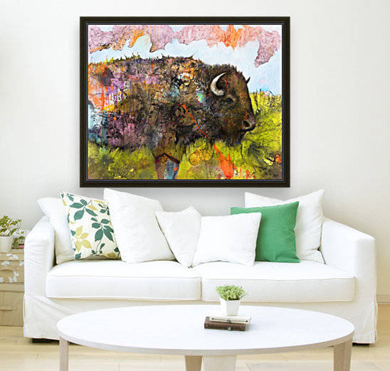 Illustration of a buffalo with colourful splashes and landscape by PacificStock