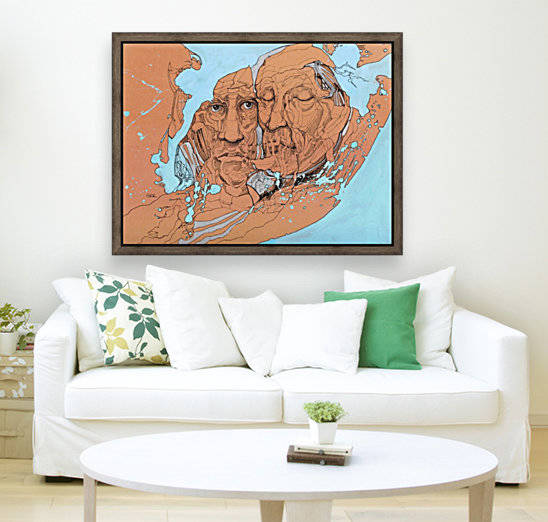 Illustration of two male faces and an abstract blue and brown background by PacificStock