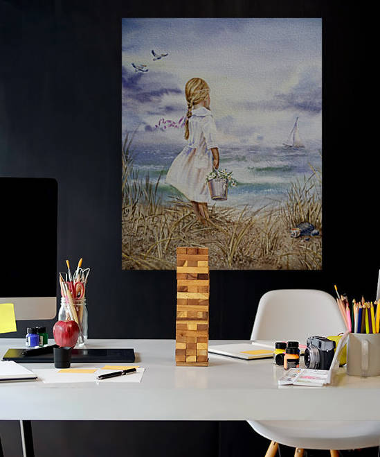 Watercolor Beach Painting Girl Boat And Ocean by Irina Sztukowski