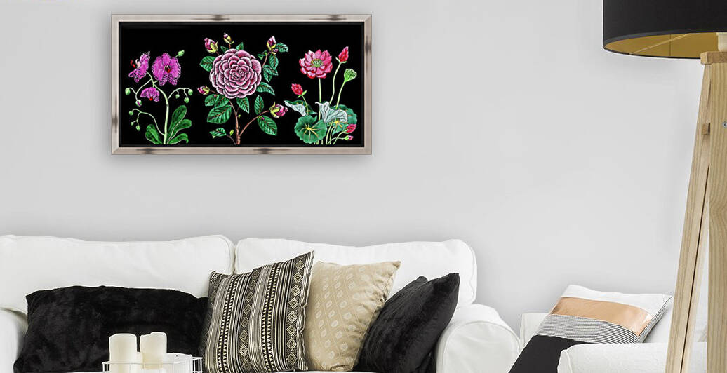 Camellia Orchid Lotus Flowers Watercolor On Black by Irina Sztukowski