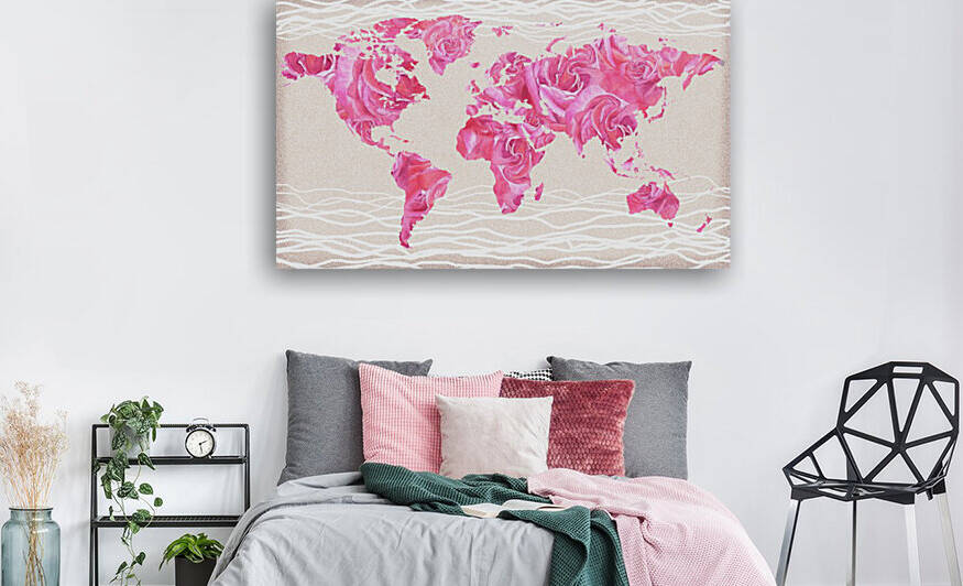 Pink Rose Petals Watercolor Map Of The World by Irina Sztukowski