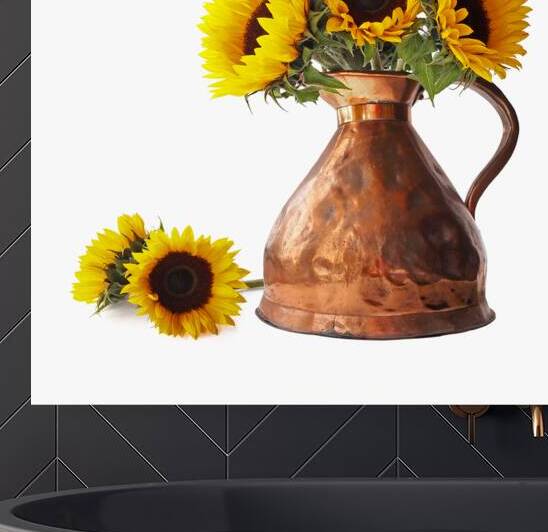 Sunflowers in Copper Pitcher On White Square by Gill Billington