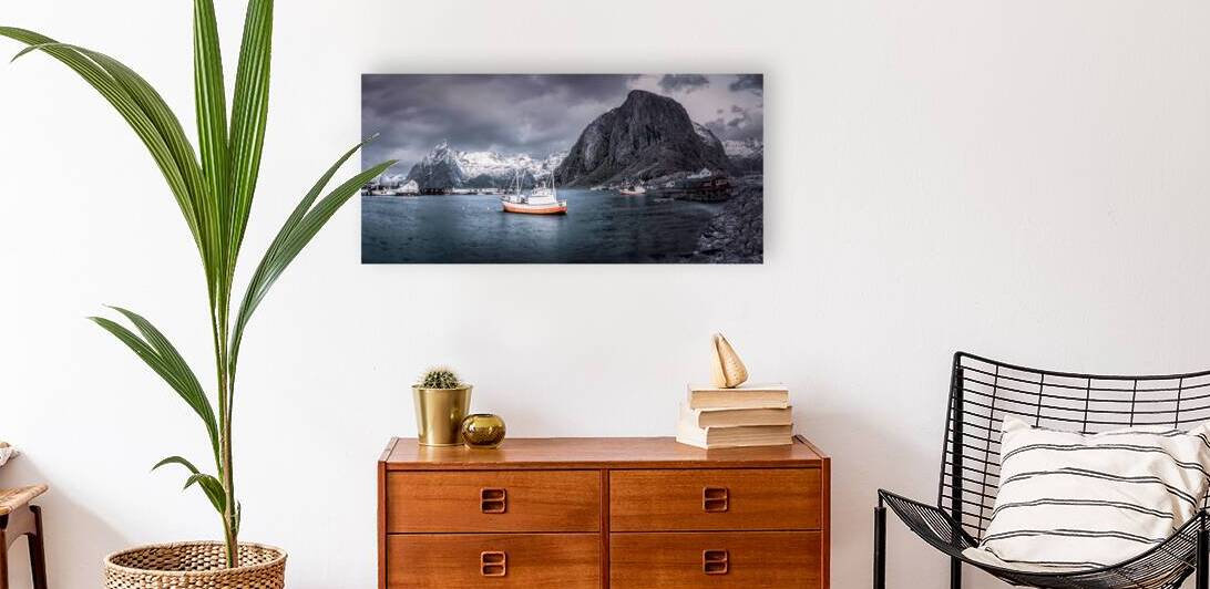 Lofoten Hamnoy Harbor Orange Fishing Boat by Norma Brandsberg Photography