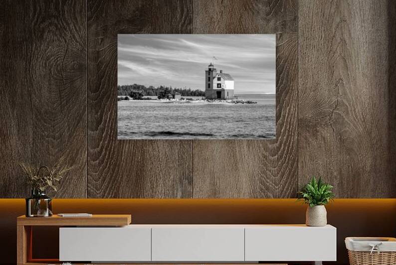 Mackinacs Round Island Lighthouse Grayscale by Jennifer White