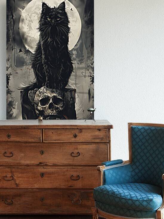 Mystic Moonlit Feline - Gothic Black Cat with Skull Artwork by Anne Laure GOUPIL