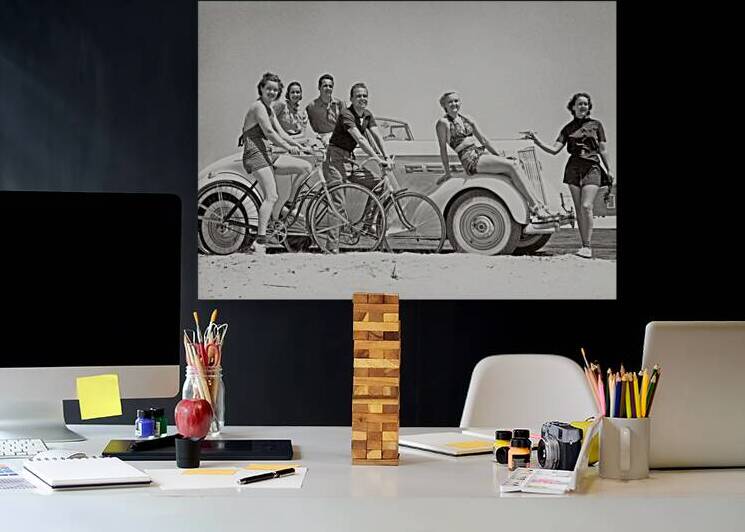 1930s MEN AND WOMEN ON BICYCLES IN A CAR ON BEACH 232719 by Panoramic Images