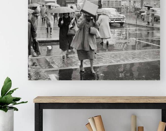 1950s WOMAN HOLDING BOX SUDDEN RAIN STORM PHILA PA 232631 by Panoramic Images