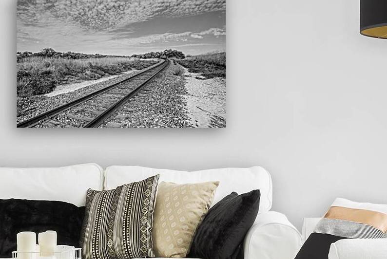 Nebraska Train Track Under Honeycomb Clouds Grayscale by Jennifer White