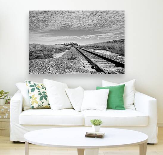 Popcorn Clouds Over Nebraska Train Tracks Grayscale by Jennifer White