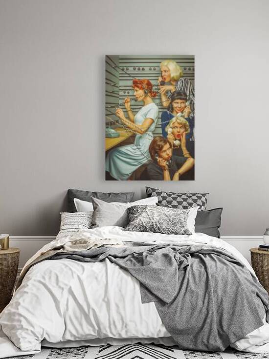 Vintage scene of four women from the 1950s gossiping on the phone their handset connected to a switchboard station by a telephone operator by Artmood Visualz