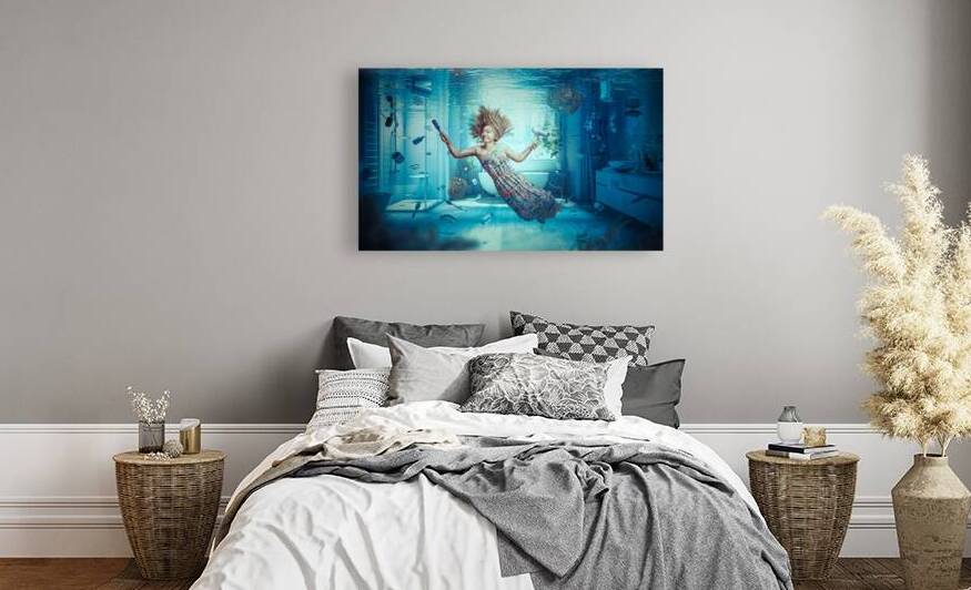 woman floating in a flooded bathroom.  by Gualtiero Boffi