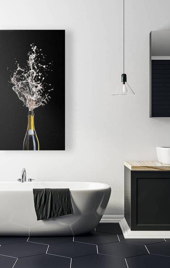 champagne bottle with cork flying with splashing liquid on black by Gualtiero Boffi