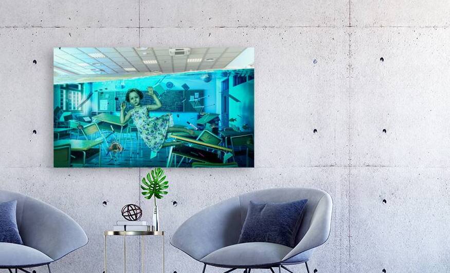 little girl floating under water in a flooded classroom. by Gualtiero Boffi