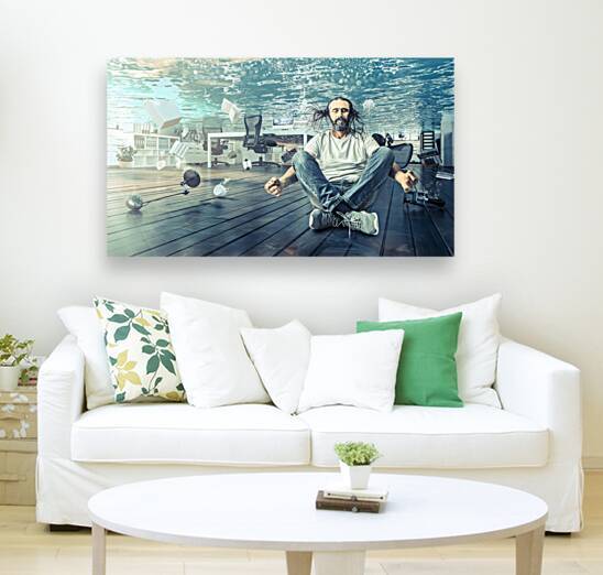 man sitting underwater who relaxes in a yoga position.  by Gualtiero Boffi