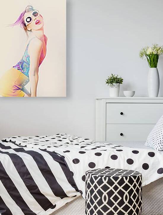 Sun flared 70s pin-up girl posing in funky colour by Jorgo