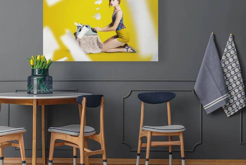 Pinup typist writing story on typewriter by Jorgo