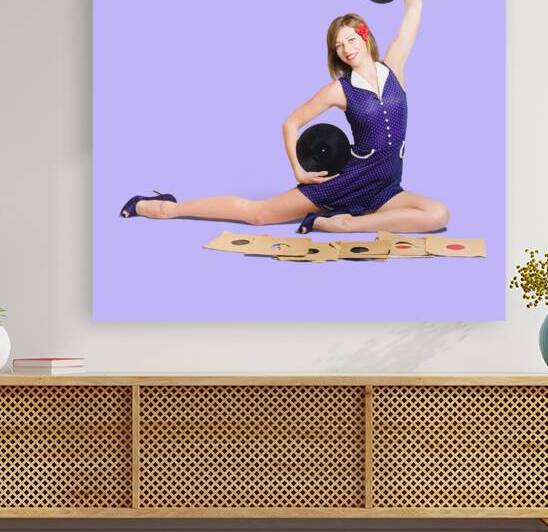 Pin-up woman balancing sound with record music by Jorgo