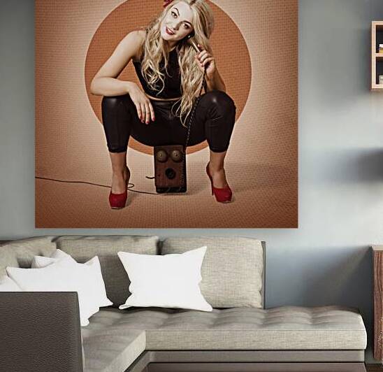 Happy pin up girl talking on retro box telephone by Jorgo