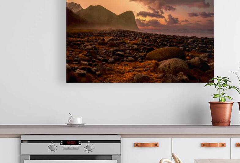 Lofoten Unstad Beach  Boulders at Winter Sunset by Norma Brandsberg Photography
