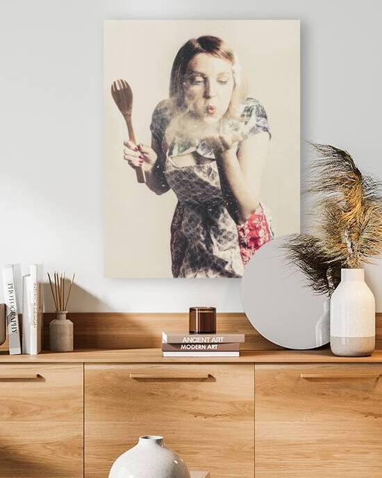 Retro cooking woman giving recipe kiss by Jorgo