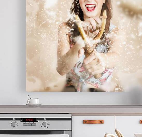 Pinup woman shooting rocks with toy slingshot by Jorgo