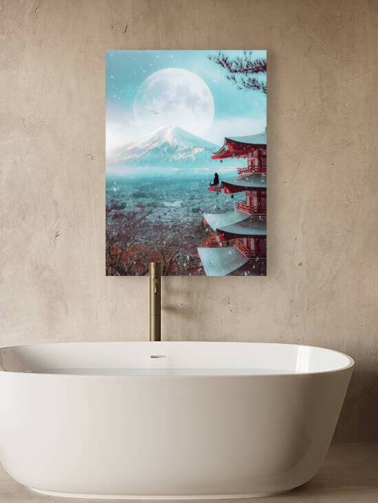 Black cat sitting on the roof of a Japanese temple and Mount Fuji by Gen Z