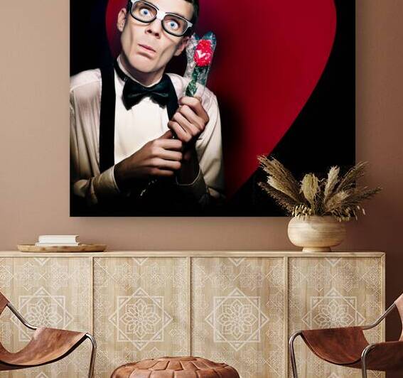 Romantic Nerd Holding Rose On Love Heart Background by Jorgo