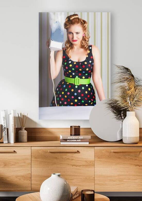 Funny 50s Pinup Girl Holding Steaming Hot Iron by Jorgo