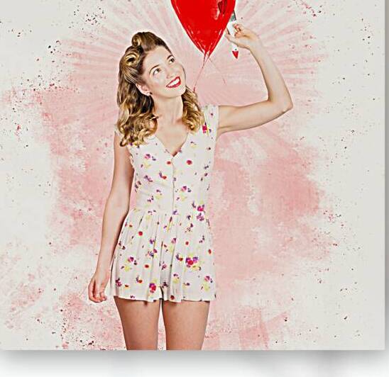 50s blond pin-up girl painting red love heart  by Jorgo