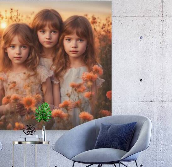 trois petites filles dans un champt de fleurs sauvage au coucher du soleil by AIGALLERY