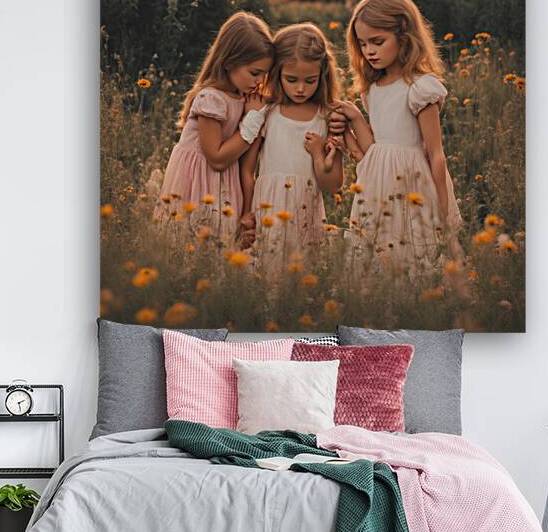 trois petites filles dans un champt de fleurs sauvage au coucher du soleil by AIGALLERY
