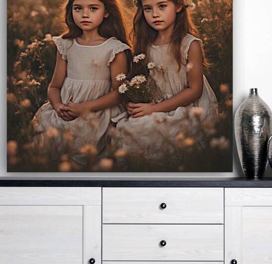 trois petites filles dans un champt de fleurs sauvage au coucher du soleil by AIGALLERY