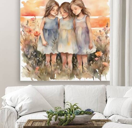trois petites filles dans un champt de fleurs sauvage au coucher du soleil Watercolor style by AIGALLERY