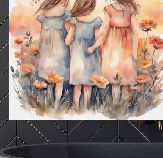 trois petites filles dans un champt de fleurs sauvage au coucher du soleil Watercolor style by AIGALLERY