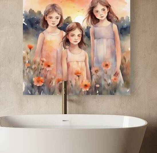 trois petites filles dans un champt de fleurs sauvage au coucher du soleil Watercolor style by AIGALLERY
