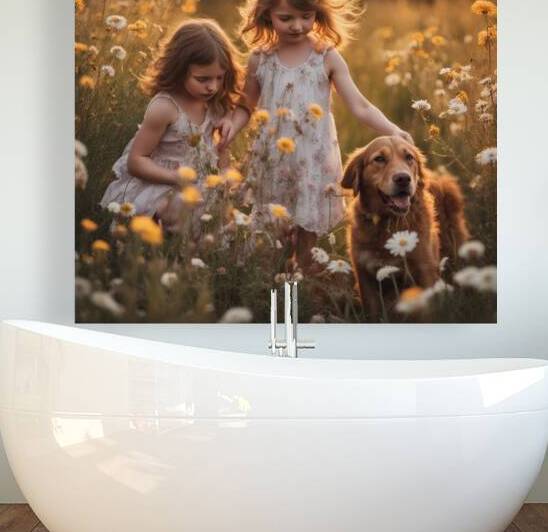  petites filles dans un champt de fleurs sauvage avec un chien au lever du soleil  by AIGALLERY