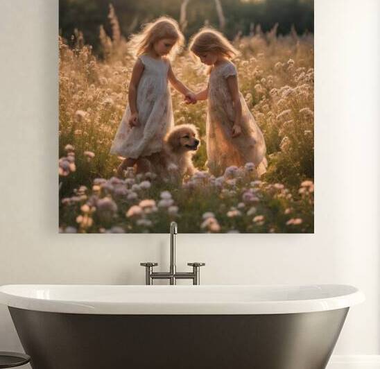  petites filles dans un champt de fleurs sauvage avec un chien au lever du soleil  by AIGALLERY