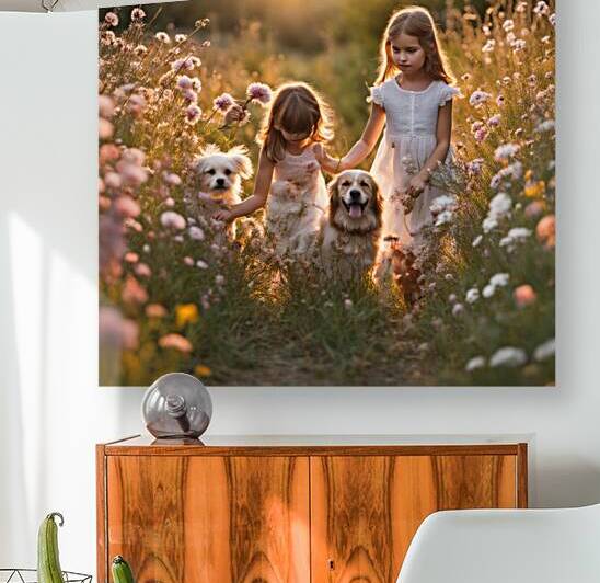  petites filles dans un champt de fleurs sauvage avec un chien au lever du soleil  by AIGALLERY
