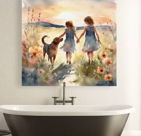  petites filles dans un champt de fleurs sauvage avec un chien au lever du soleil  Watercolor style by AIGALLERY