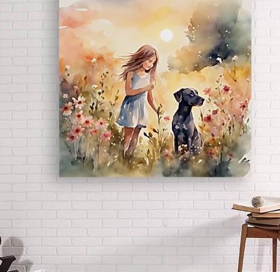  petites filles dans un champt de fleurs sauvage avec un chien au lever du soleil  Watercolor style by AIGALLERY