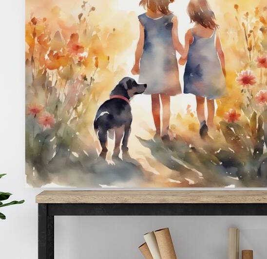  petites filles dans un champt de fleurs sauvage avec un chien au lever du soleil  Watercolor style by AIGALLERY