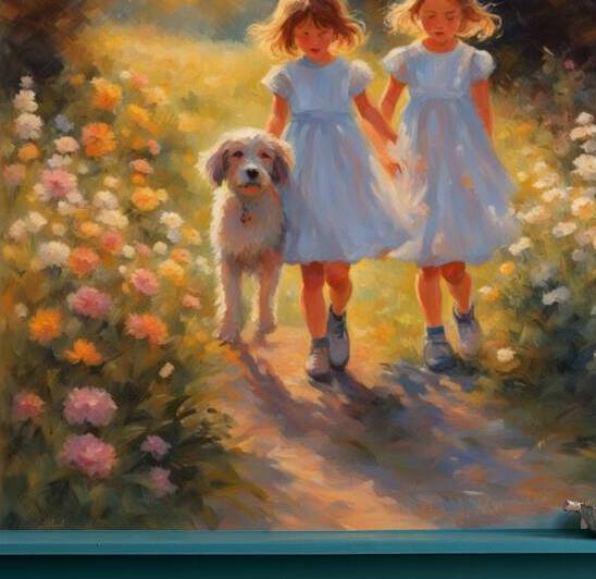  petites filles dans un champt de fleurs sauvage avec un chien au lever du soleil  Impressionism style by AIGALLERY