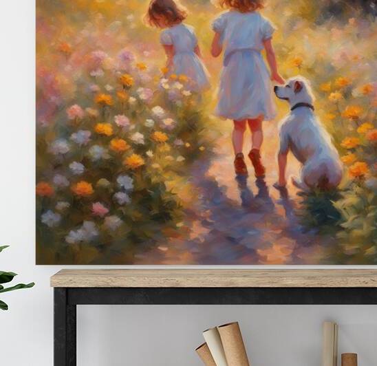  petites filles dans un champt de fleurs sauvage avec un chien au lever du soleil  Impressionism style by AIGALLERY