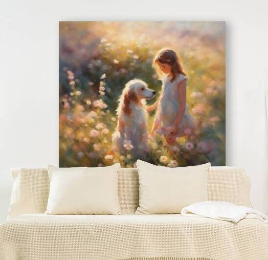  petites filles dans un champt de fleurs sauvage avec un chien au lever du soleil  Impressionism style by AIGALLERY